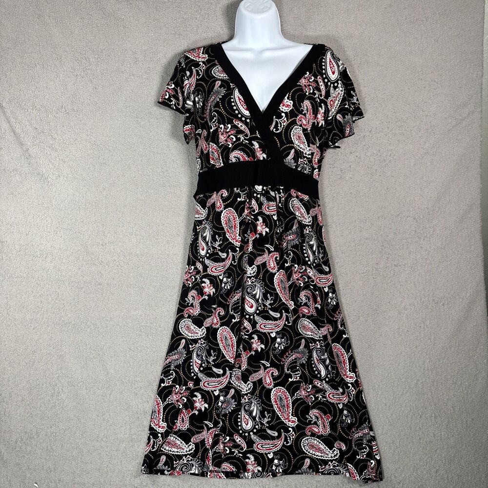 Studio 1940 Womens Paisley Empire Waist V-Neck Dress Black Red White Medium USA
